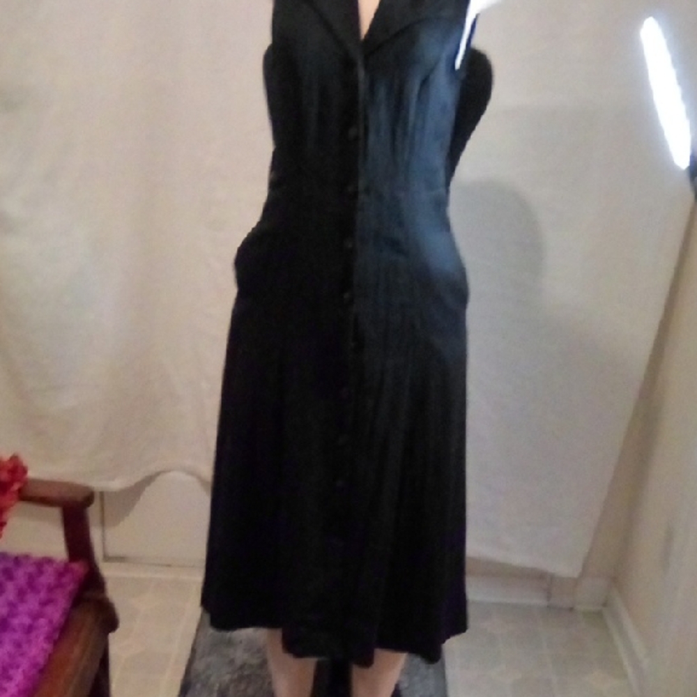 a new day Elegant Black Sleeveless Midi Dress Side Pockets Button Front XS